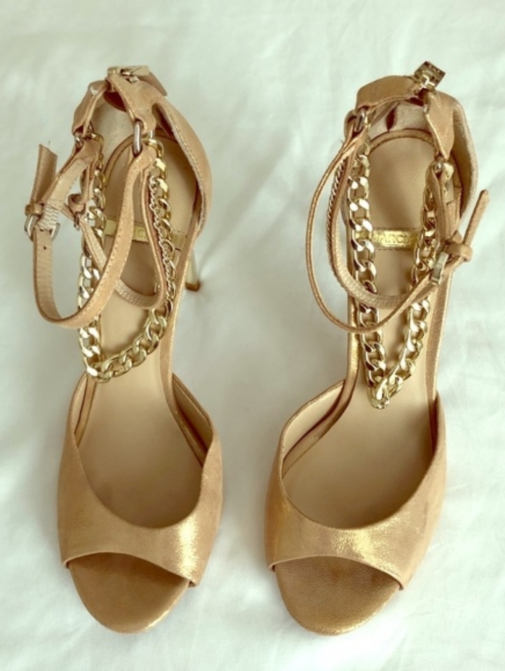 Marciano Metallic Gold Open-Toe Heels with Chain Ankle Strap
